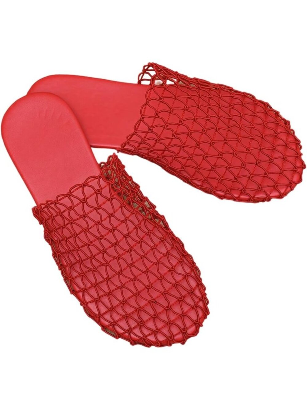 Women's Red Summer Fishnet Mesh Through Hollow Out Slip On Slides Flat Sandals
